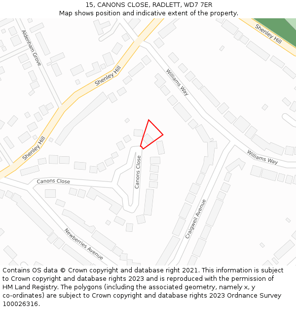 15, CANONS CLOSE, RADLETT, WD7 7ER: Location map and indicative extent of plot