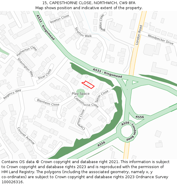 15, CAPESTHORNE CLOSE, NORTHWICH, CW9 8FA: Location map and indicative extent of plot