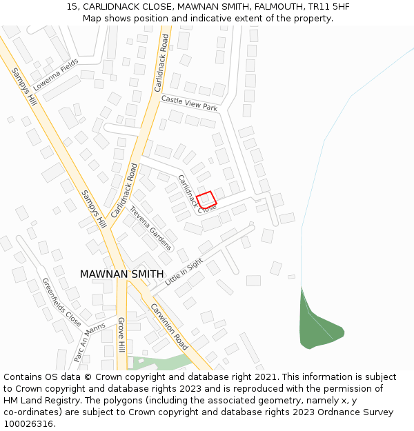 15, CARLIDNACK CLOSE, MAWNAN SMITH, FALMOUTH, TR11 5HF: Location map and indicative extent of plot