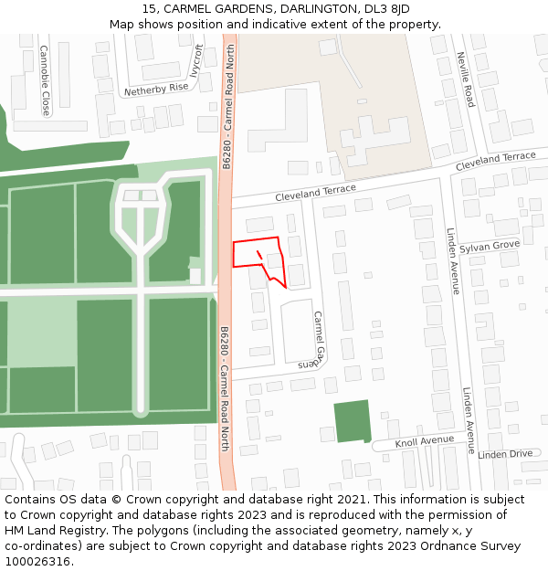 15, CARMEL GARDENS, DARLINGTON, DL3 8JD: Location map and indicative extent of plot
