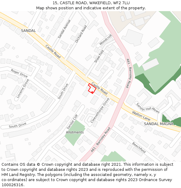 15, CASTLE ROAD, WAKEFIELD, WF2 7LU: Location map and indicative extent of plot