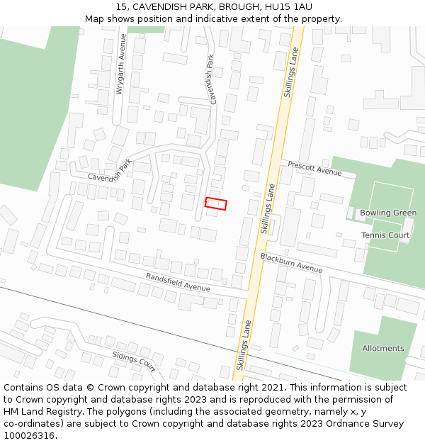 15, CAVENDISH PARK, BROUGH, HU15 1AU: Location map and indicative extent of plot
