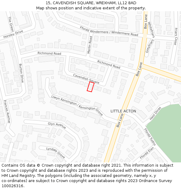 15, CAVENDISH SQUARE, WREXHAM, LL12 8AD: Location map and indicative extent of plot