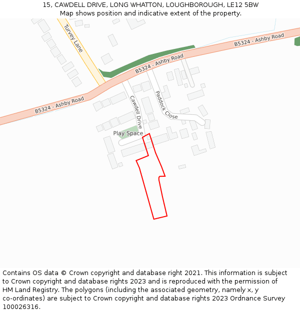 15, CAWDELL DRIVE, LONG WHATTON, LOUGHBOROUGH, LE12 5BW: Location map and indicative extent of plot