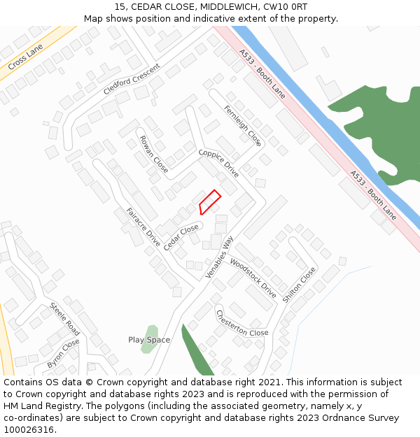 15, CEDAR CLOSE, MIDDLEWICH, CW10 0RT: Location map and indicative extent of plot