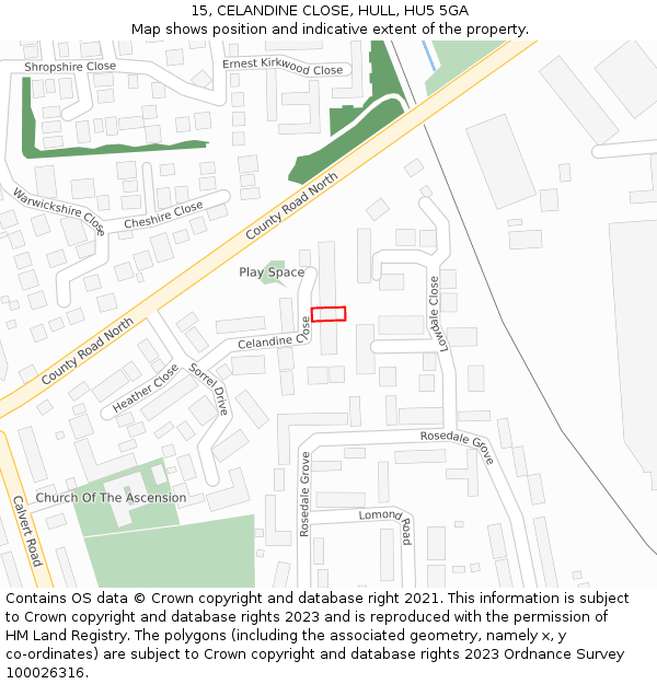 15, CELANDINE CLOSE, HULL, HU5 5GA: Location map and indicative extent of plot