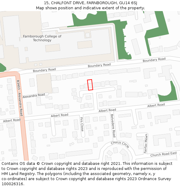 15, CHALFONT DRIVE, FARNBOROUGH, GU14 6SJ: Location map and indicative extent of plot