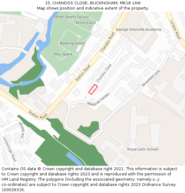 15, CHANDOS CLOSE, BUCKINGHAM, MK18 1AW: Location map and indicative extent of plot