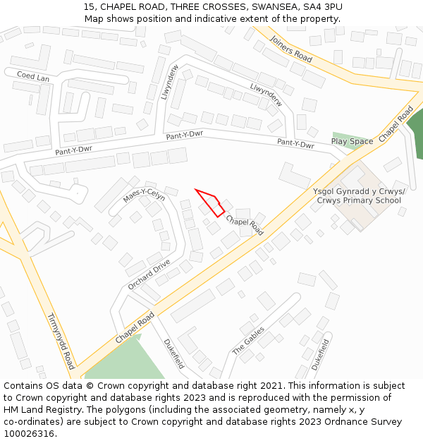 15, CHAPEL ROAD, THREE CROSSES, SWANSEA, SA4 3PU: Location map and indicative extent of plot