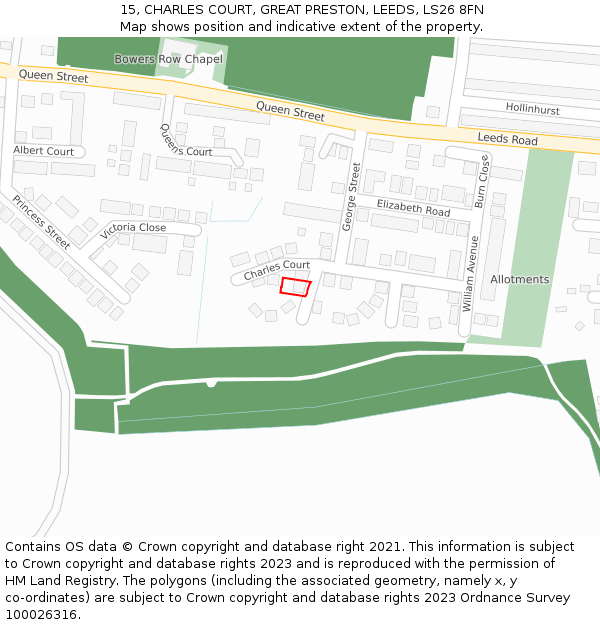 15, CHARLES COURT, GREAT PRESTON, LEEDS, LS26 8FN: Location map and indicative extent of plot