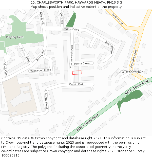 15, CHARLESWORTH PARK, HAYWARDS HEATH, RH16 3JG: Location map and indicative extent of plot