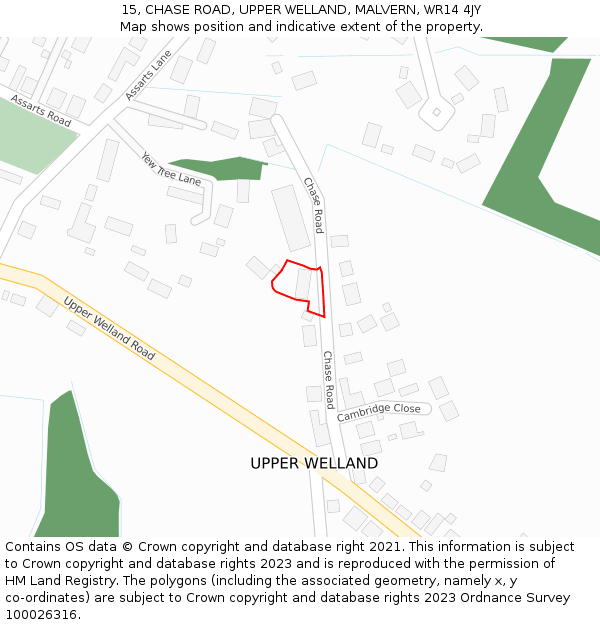 15, CHASE ROAD, UPPER WELLAND, MALVERN, WR14 4JY: Location map and indicative extent of plot