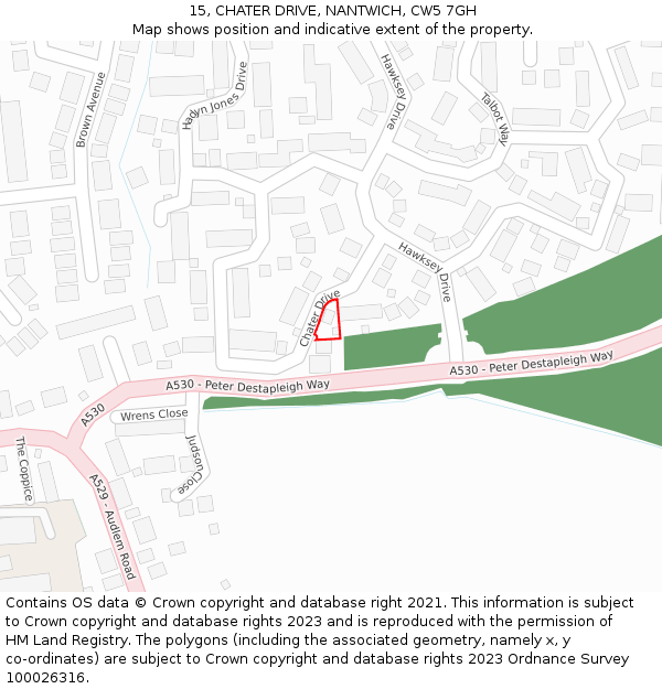 15, CHATER DRIVE, NANTWICH, CW5 7GH: Location map and indicative extent of plot