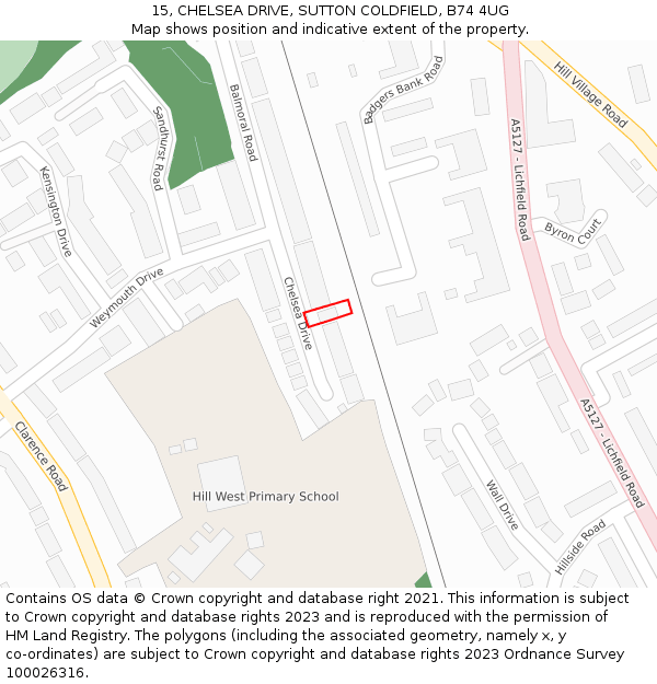 15, CHELSEA DRIVE, SUTTON COLDFIELD, B74 4UG: Location map and indicative extent of plot
