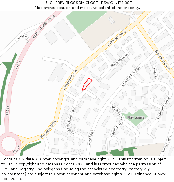 15, CHERRY BLOSSOM CLOSE, IPSWICH, IP8 3ST: Location map and indicative extent of plot