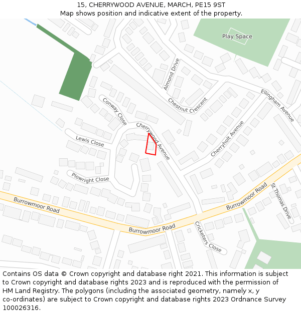 15, CHERRYWOOD AVENUE, MARCH, PE15 9ST: Location map and indicative extent of plot