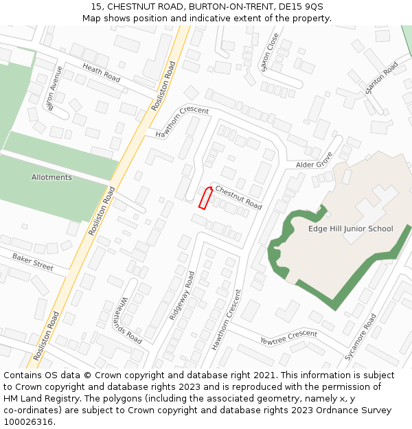 15, CHESTNUT ROAD, BURTON-ON-TRENT, DE15 9QS: Location map and indicative extent of plot