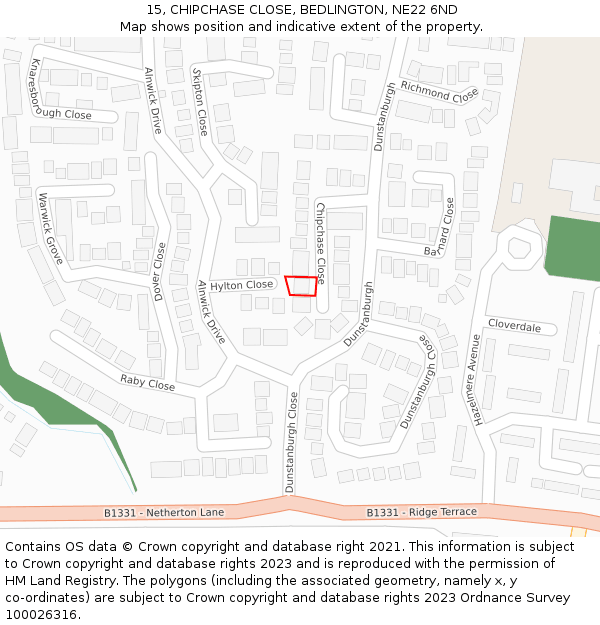 15, CHIPCHASE CLOSE, BEDLINGTON, NE22 6ND: Location map and indicative extent of plot