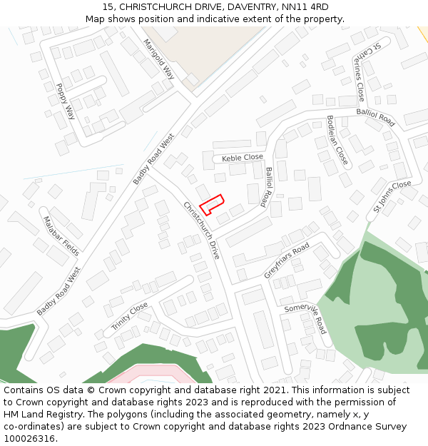 15, CHRISTCHURCH DRIVE, DAVENTRY, NN11 4RD: Location map and indicative extent of plot