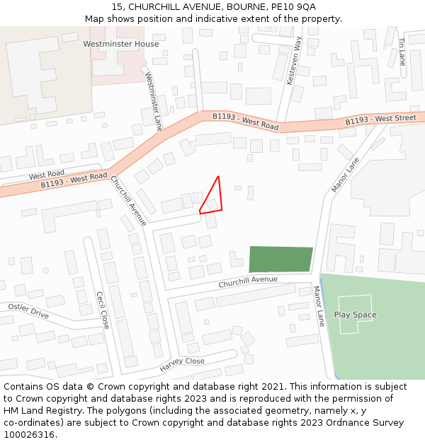 15, CHURCHILL AVENUE, BOURNE, PE10 9QA: Location map and indicative extent of plot
