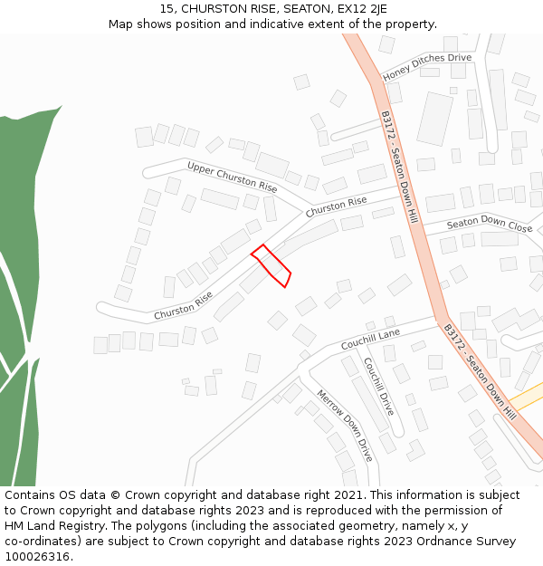 15, CHURSTON RISE, SEATON, EX12 2JE: Location map and indicative extent of plot