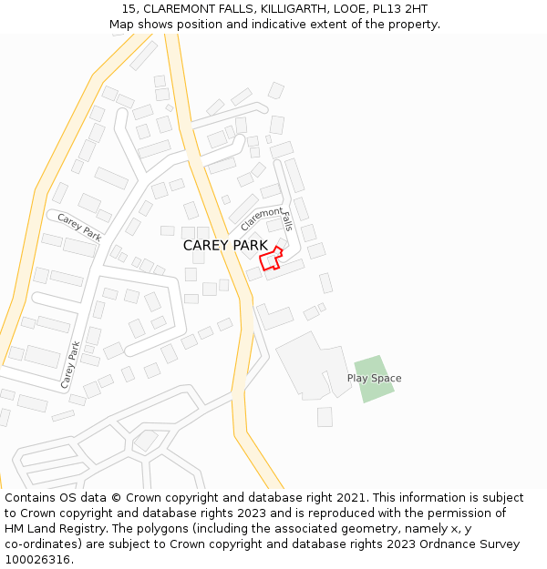 15, CLAREMONT FALLS, KILLIGARTH, LOOE, PL13 2HT: Location map and indicative extent of plot