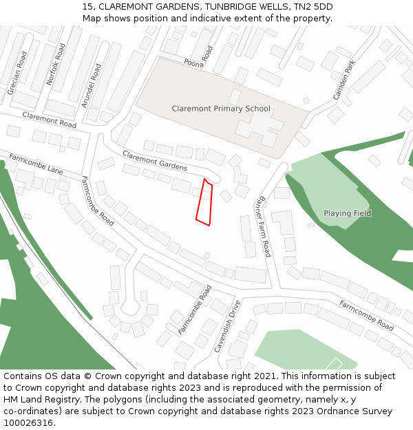 15, CLAREMONT GARDENS, TUNBRIDGE WELLS, TN2 5DD: Location map and indicative extent of plot