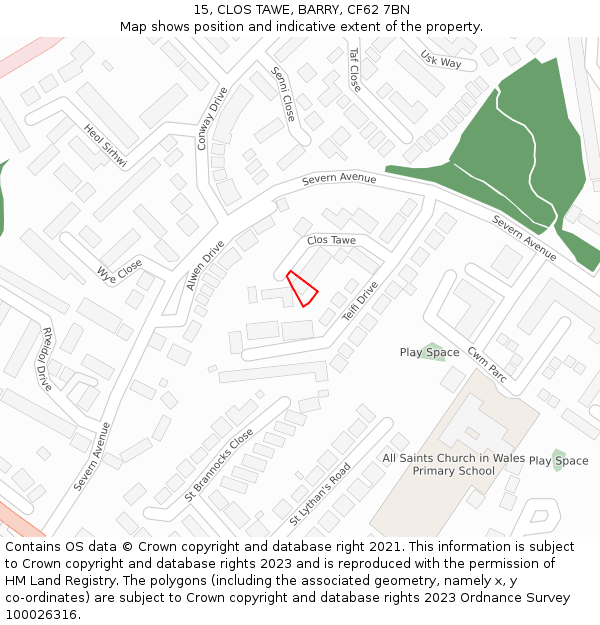 15, CLOS TAWE, BARRY, CF62 7BN: Location map and indicative extent of plot