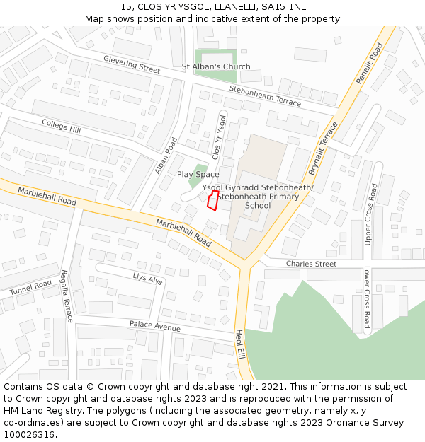 15, CLOS YR YSGOL, LLANELLI, SA15 1NL: Location map and indicative extent of plot