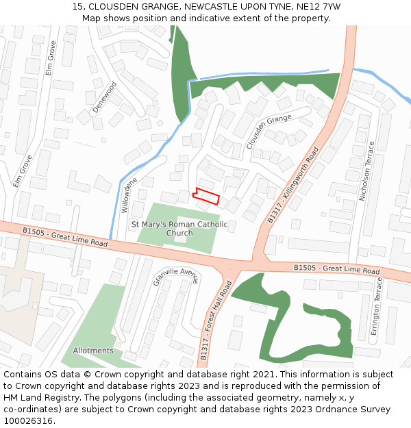 15, CLOUSDEN GRANGE, NEWCASTLE UPON TYNE, NE12 7YW: Location map and indicative extent of plot
