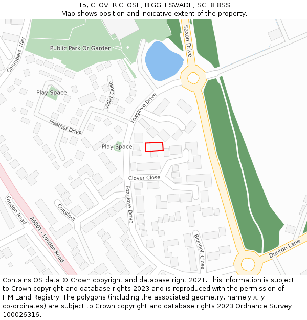 15, CLOVER CLOSE, BIGGLESWADE, SG18 8SS: Location map and indicative extent of plot