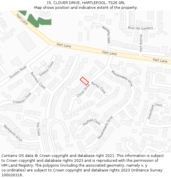 15, CLOVER DRIVE, HARTLEPOOL, TS26 0RL: Location map and indicative extent of plot