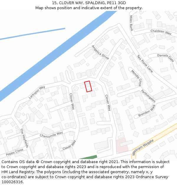 15, CLOVER WAY, SPALDING, PE11 3GD: Location map and indicative extent of plot