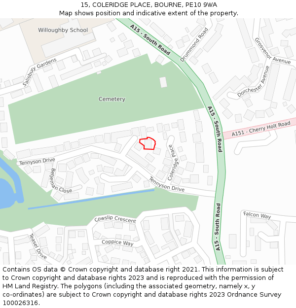 15, COLERIDGE PLACE, BOURNE, PE10 9WA: Location map and indicative extent of plot