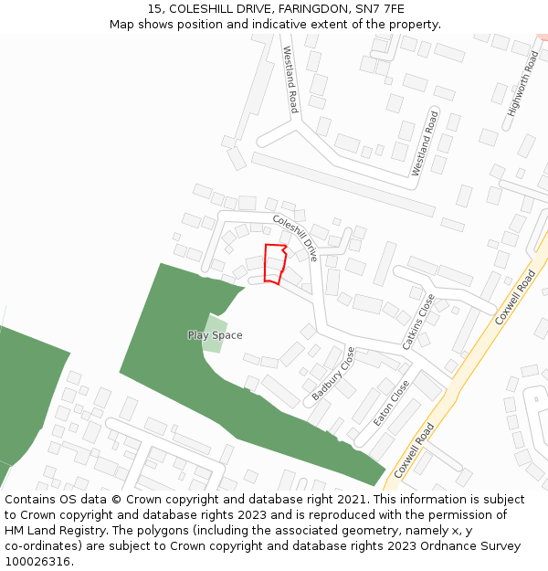 15, COLESHILL DRIVE, FARINGDON, SN7 7FE: Location map and indicative extent of plot