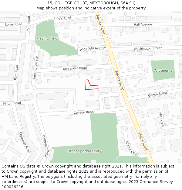15, COLLEGE COURT, MEXBOROUGH, S64 9JQ: Location map and indicative extent of plot