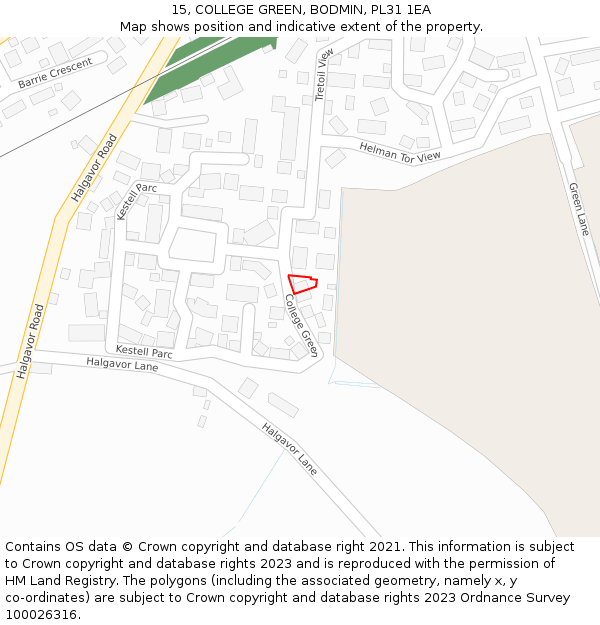 15, COLLEGE GREEN, BODMIN, PL31 1EA: Location map and indicative extent of plot