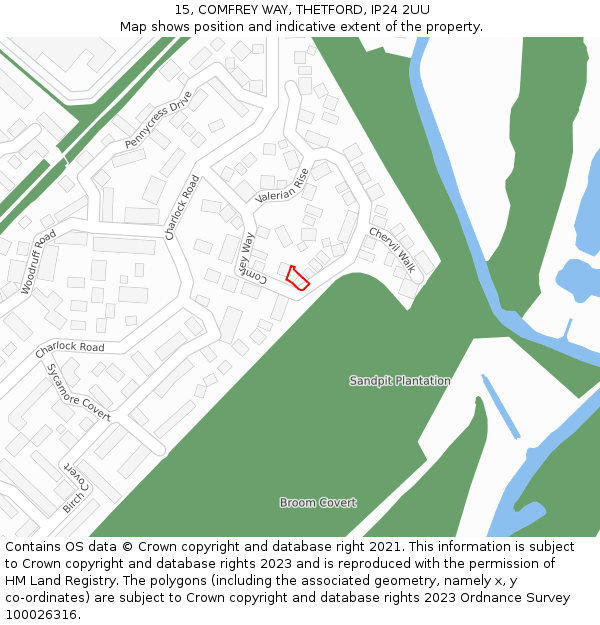 15, COMFREY WAY, THETFORD, IP24 2UU: Location map and indicative extent of plot