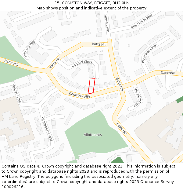 15, CONISTON WAY, REIGATE, RH2 0LN: Location map and indicative extent of plot