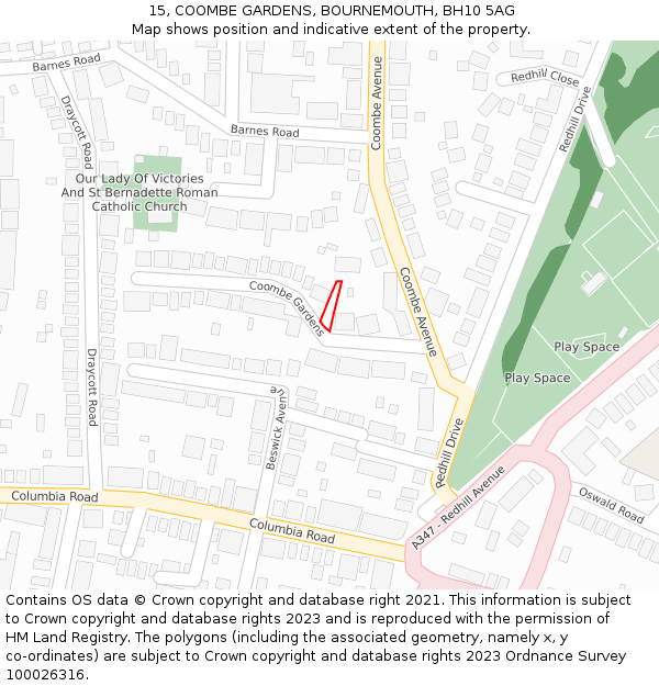 15, COOMBE GARDENS, BOURNEMOUTH, BH10 5AG: Location map and indicative extent of plot