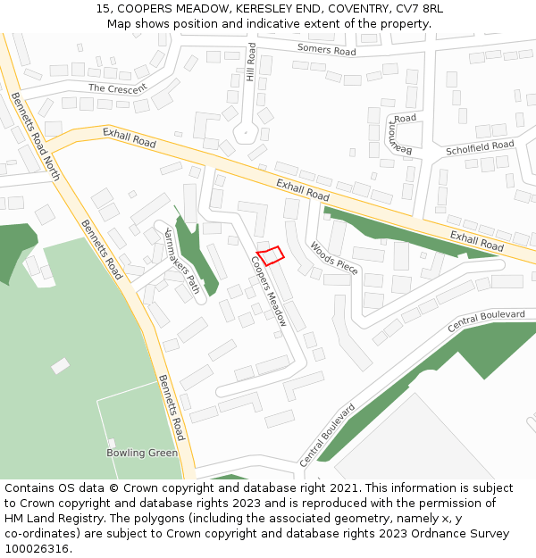 15, COOPERS MEADOW, KERESLEY END, COVENTRY, CV7 8RL: Location map and indicative extent of plot