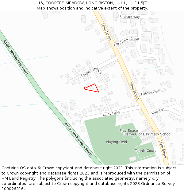 15, COOPERS MEADOW, LONG RISTON, HULL, HU11 5JZ: Location map and indicative extent of plot