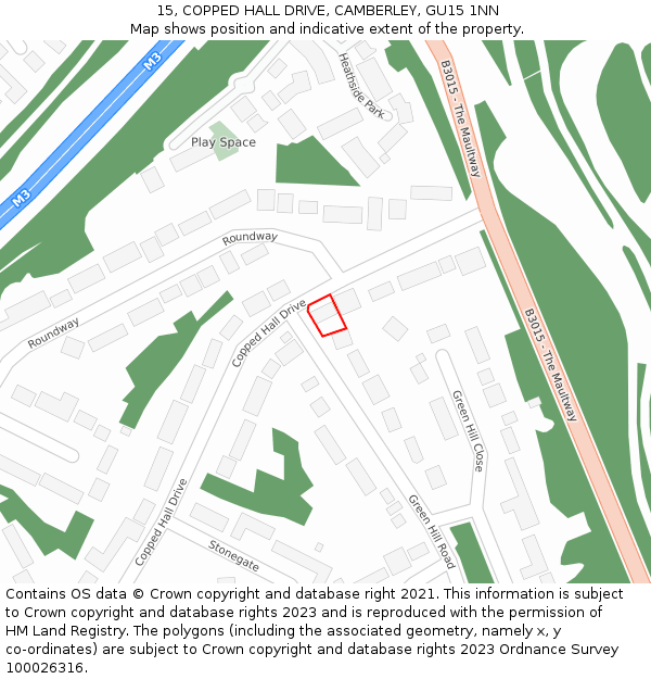 15, COPPED HALL DRIVE, CAMBERLEY, GU15 1NN: Location map and indicative extent of plot