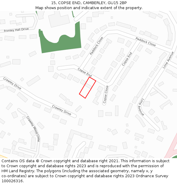 15, COPSE END, CAMBERLEY, GU15 2BP: Location map and indicative extent of plot