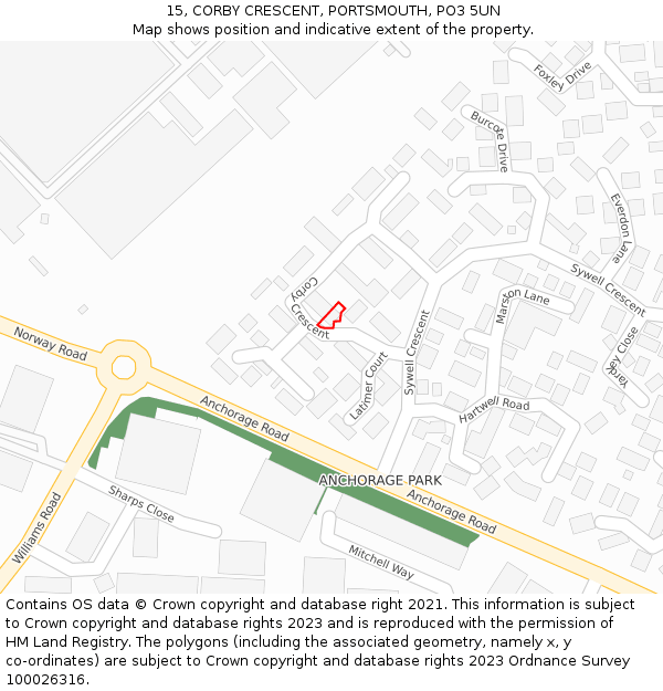 15, CORBY CRESCENT, PORTSMOUTH, PO3 5UN: Location map and indicative extent of plot