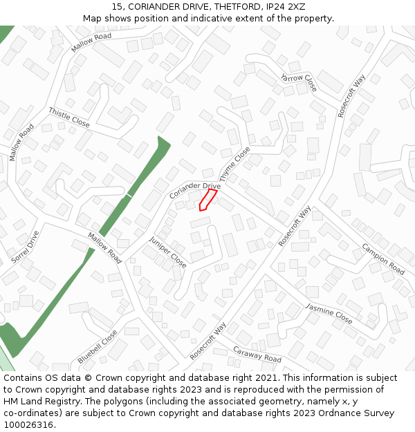 15, CORIANDER DRIVE, THETFORD, IP24 2XZ: Location map and indicative extent of plot