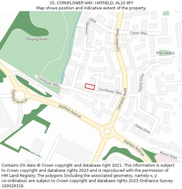 15, CORNFLOWER WAY, HATFIELD, AL10 9FY: Location map and indicative extent of plot