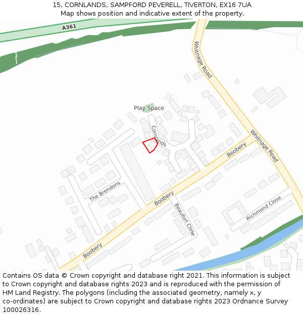 15, CORNLANDS, SAMPFORD PEVERELL, TIVERTON, EX16 7UA: Location map and indicative extent of plot