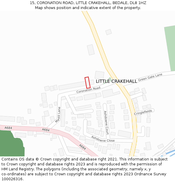 15, CORONATION ROAD, LITTLE CRAKEHALL, BEDALE, DL8 1HZ: Location map and indicative extent of plot