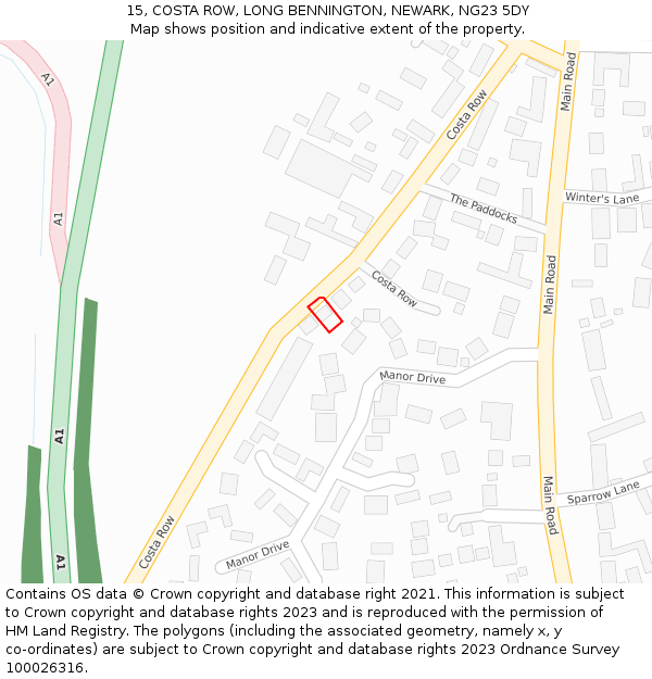 15, COSTA ROW, LONG BENNINGTON, NEWARK, NG23 5DY: Location map and indicative extent of plot